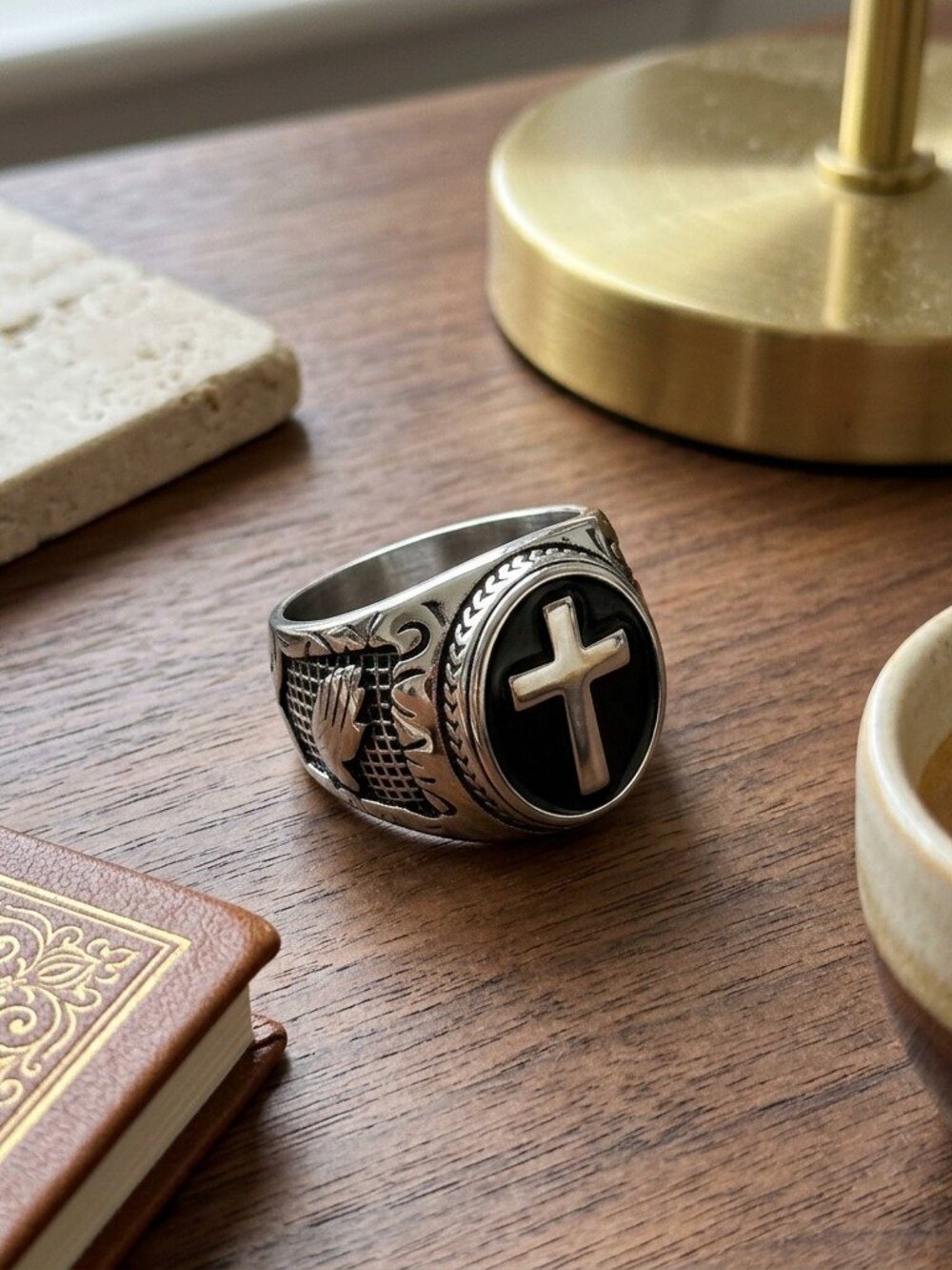 Mens Cross Signet Ring Stainless Steel Black Enamel Silver Christian Biker Band